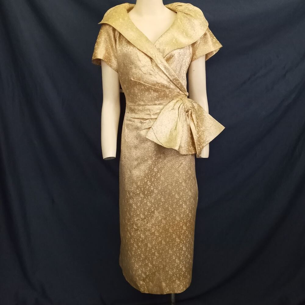 Vintage Couture Gold Brocade Cocktail Dress Cream M Bow Pouf Collar Short Sleeve